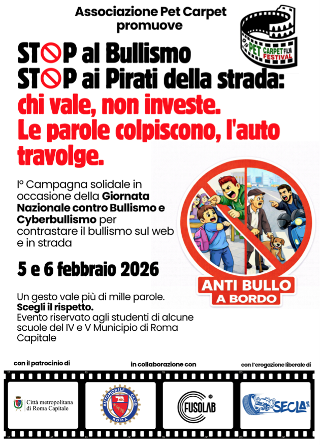 Stop a Bullismo e Pirati della Strada. Nelle scuole la campagna di Pet Carpet, ACI Roma e Città Metropolitana di Roma nella Giornata Nazionale contro Bullismo e Cyberbullismo